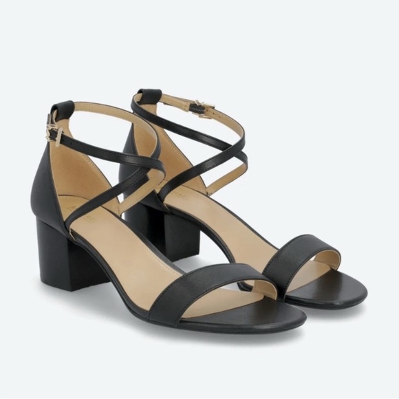 Michael Kors Serena heeled black leathered sandals sz 10 nwob madeb - Picture 1 of 6